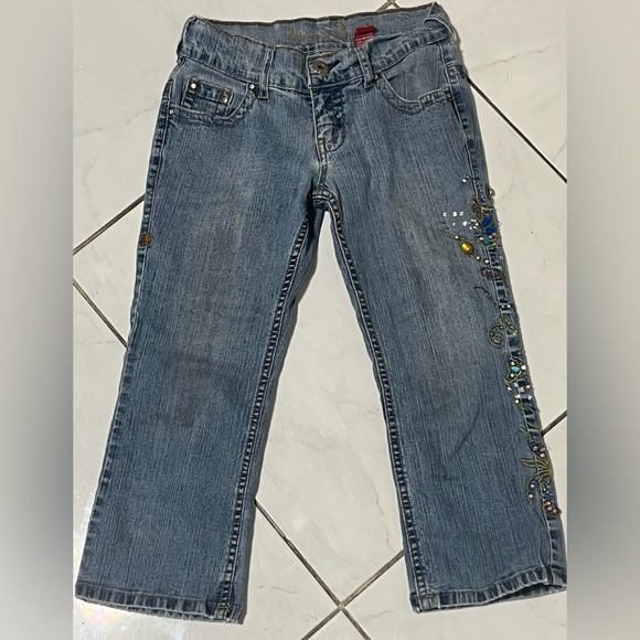 Vanilla star crystal rhinestone sequin Capri Crop denim hipster stretch jeans - Picture 3 of 9